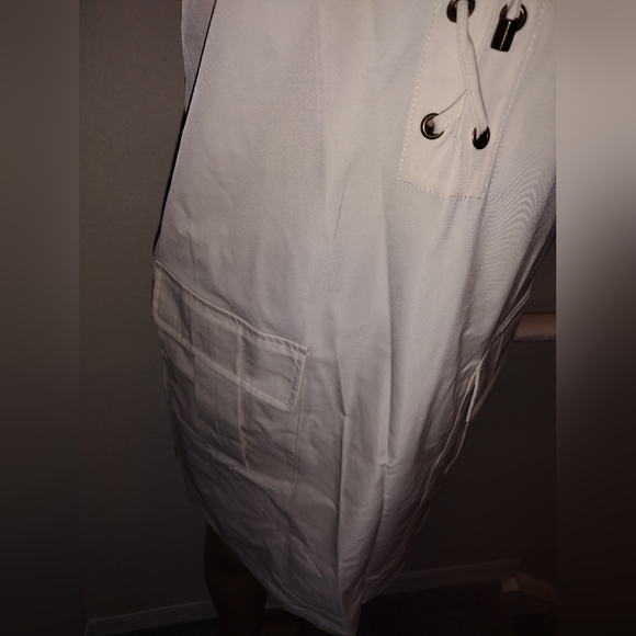 LDT Lace Up Split Round Neck Short Puff Sleeve Mini Dress - Picture 6 of 12